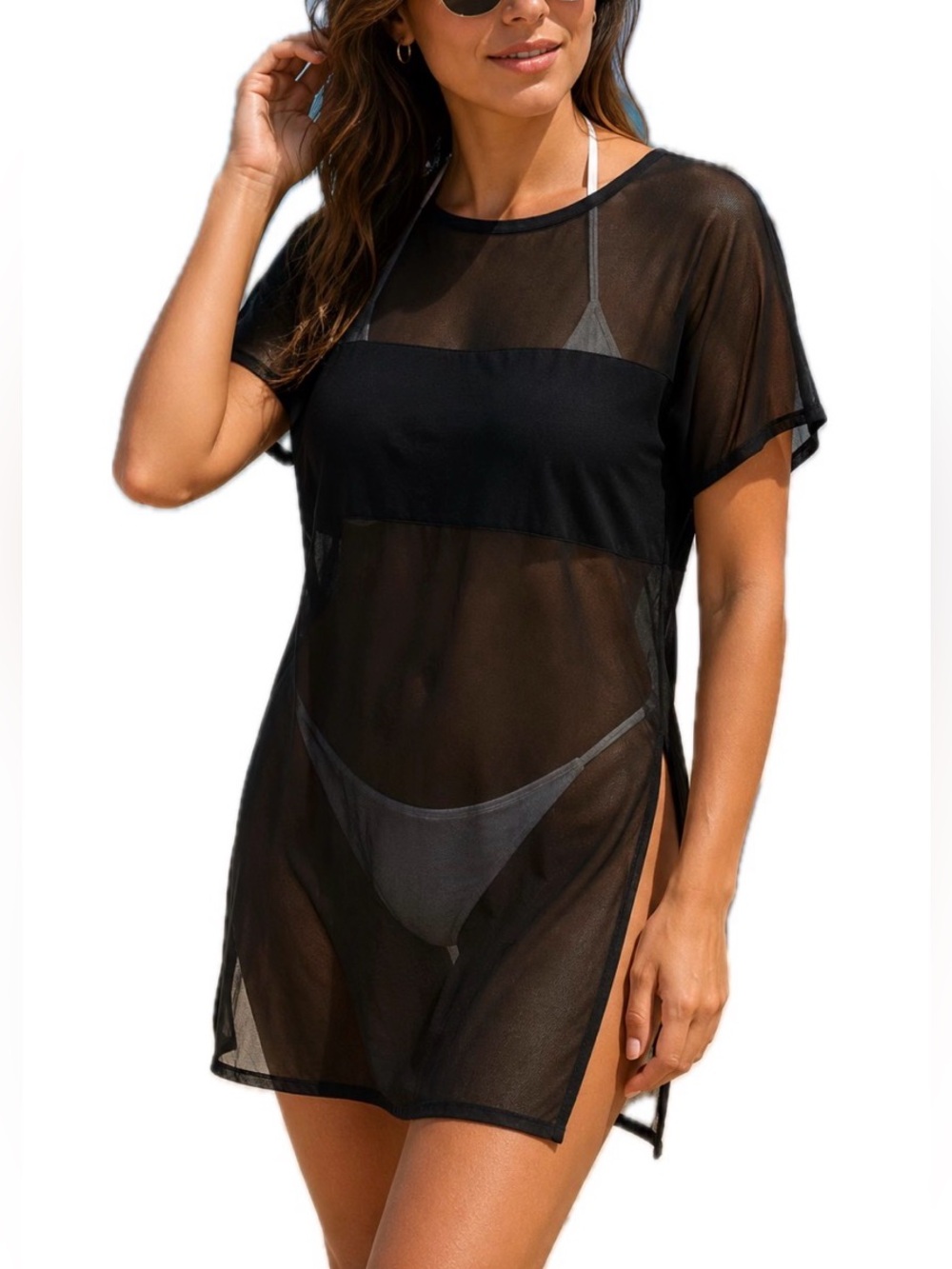 H&M Women's Black‎ Sheer Mesh Swim Cover Up Tunic Dress Solid Beach M